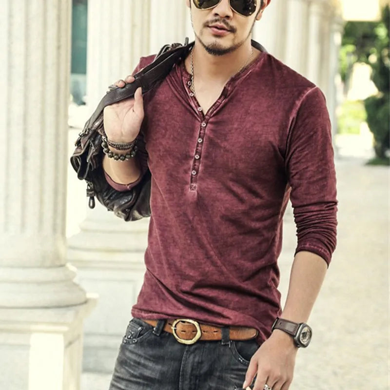 T-shirt Homme Col V Manches Longues & Hauts Élégants à Boutons T-shirt Henley Décontracté Automne 2026 Vêtement Masculin Uni 5XL