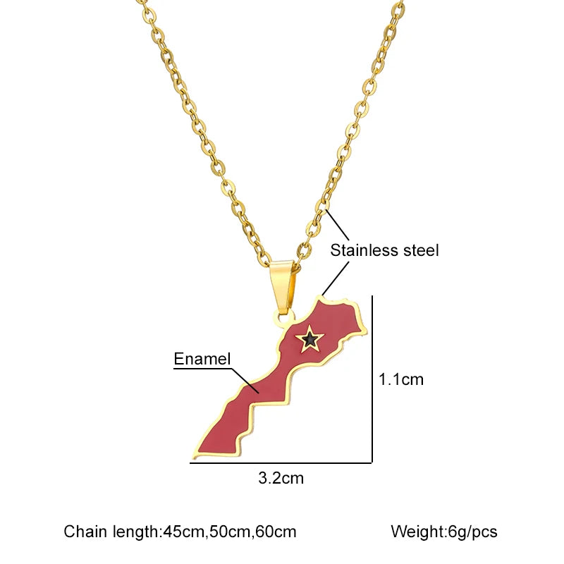 Kingdom of Morocco Map Flag Pendant Necklace Stainless Steel Men Women African Ethnic Jewelry The Kingdom of Morocco National Flag