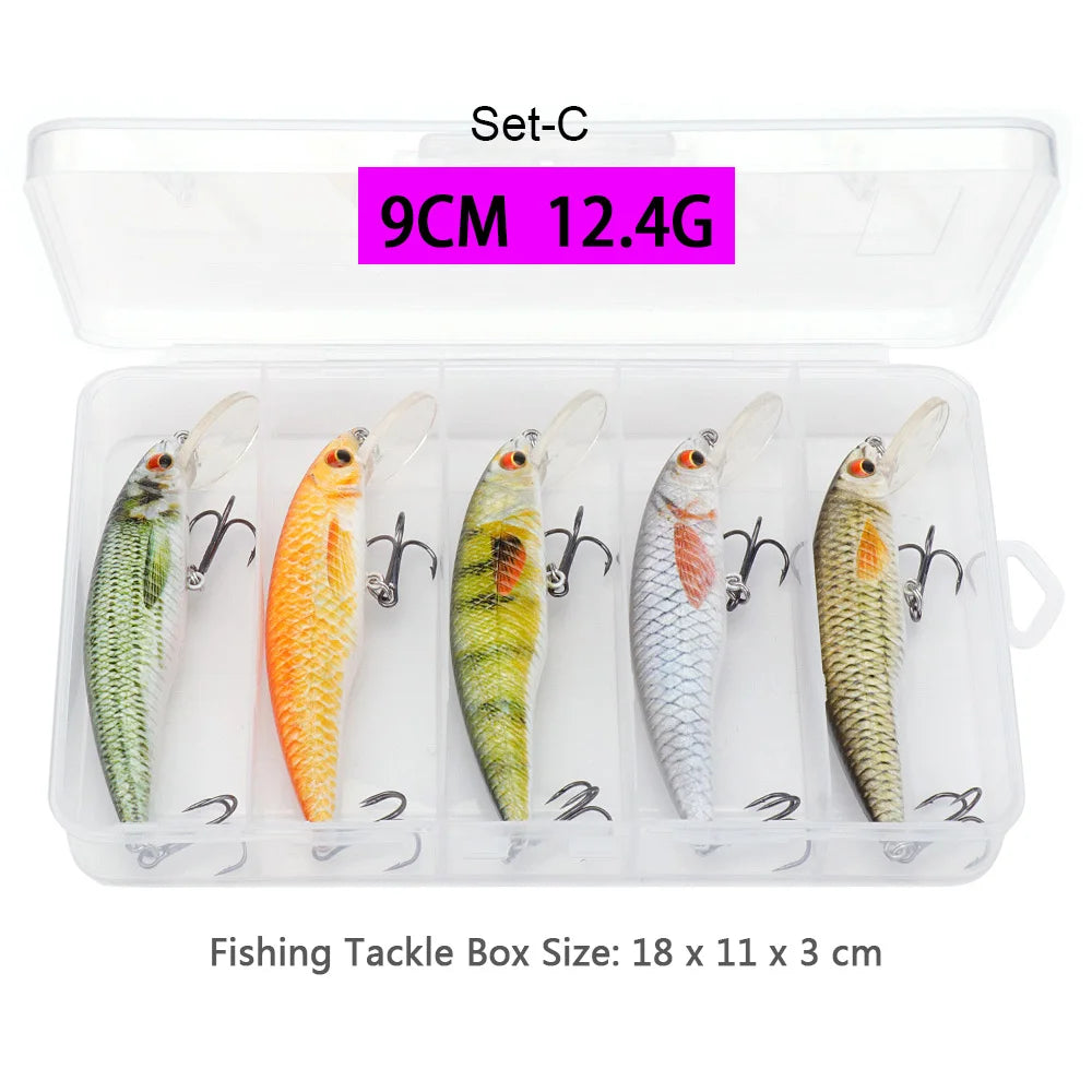 VTAVTA 5 pièces 5 cm 7 cm 9 cm Kit de leurre de pêche bionique appâts méné ensemble flottant manivelle Wobblers pour brochet attirail Kit d'appâts artificiels