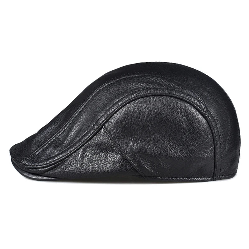Béret en cuir véritable coupe-vent — bec de canard, homme, casquette peau de vache, noir, protection des oreilles