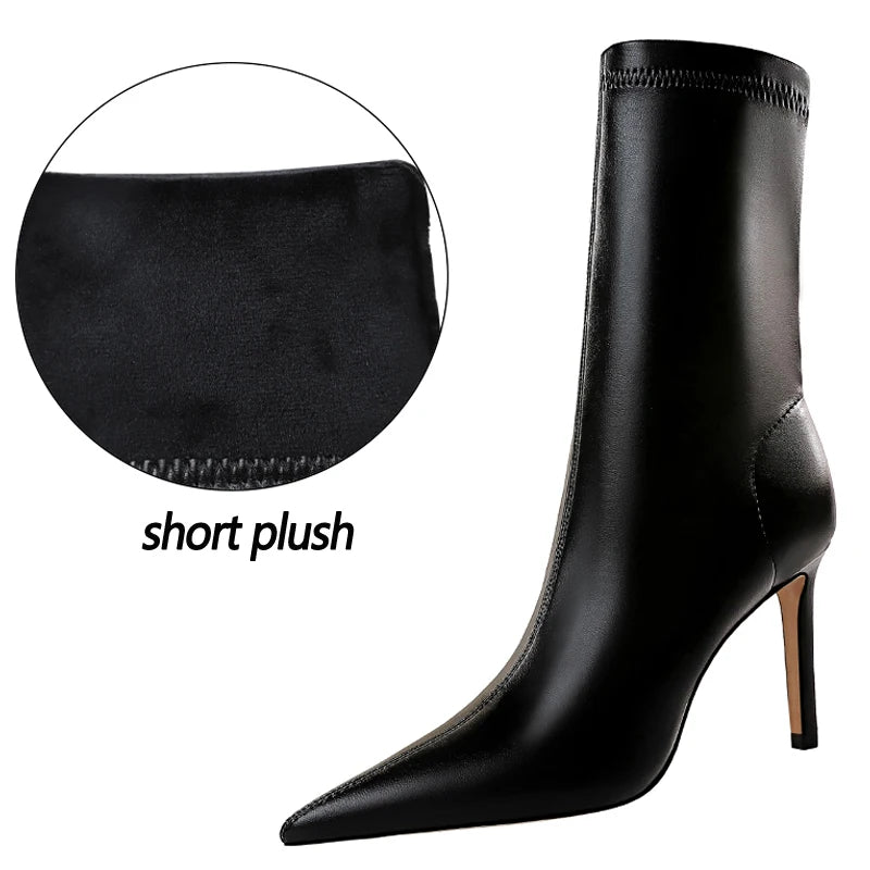 BIGTREE-Botas de piel de tacón alto para mujer, botines cortos, zapatos de tacón, otoño e invierno
