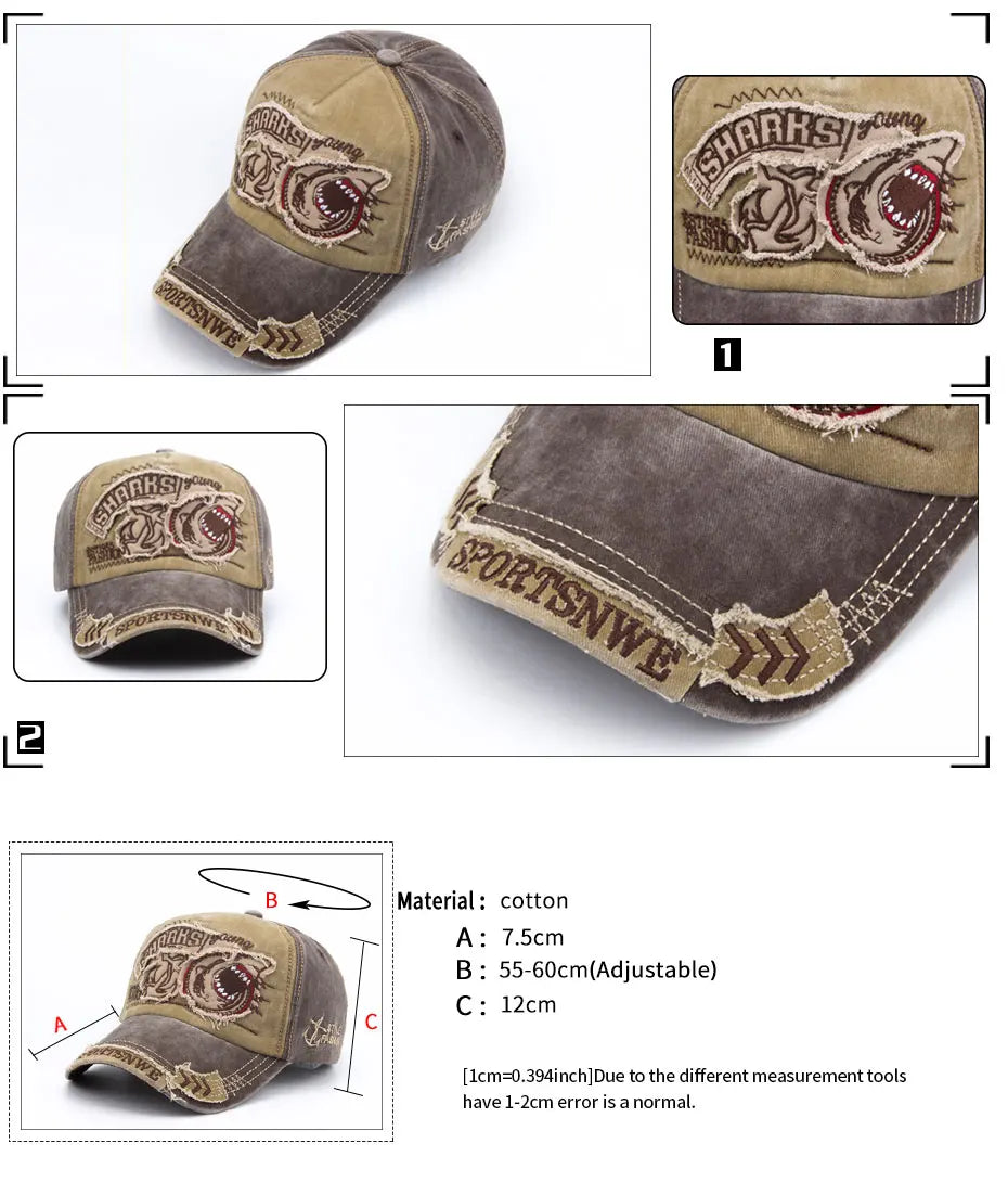 Casquette de baseball en coton avec requin brodé — snapback, hip-hop, unisexe, décontracté