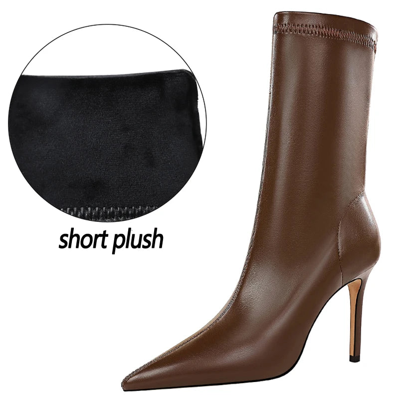 BIGTREE-Botas de piel de tacón alto para mujer, botines cortos, zapatos de tacón, otoño e invierno