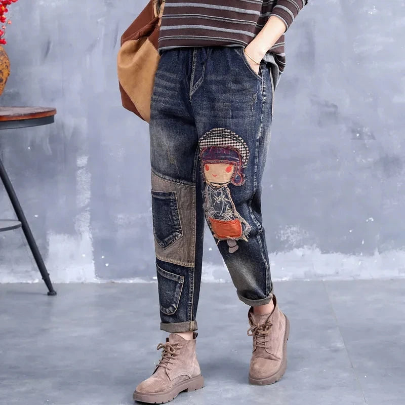 Jean Femme Ethnique Brodé Taille Élastique — Ample Harlan Rétro 2025
