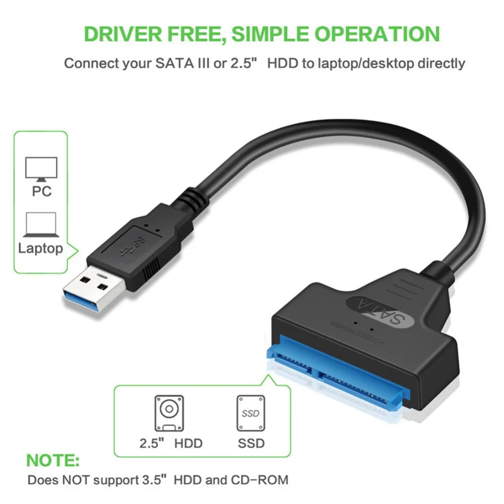Adaptateur SATA vers USB 3.0/2.0/type-c, câble Sata jusqu'à 6 Gbps, prise en charge du disque dur externe SSD de 2.5 pouces, câble Sata III à 22 broches