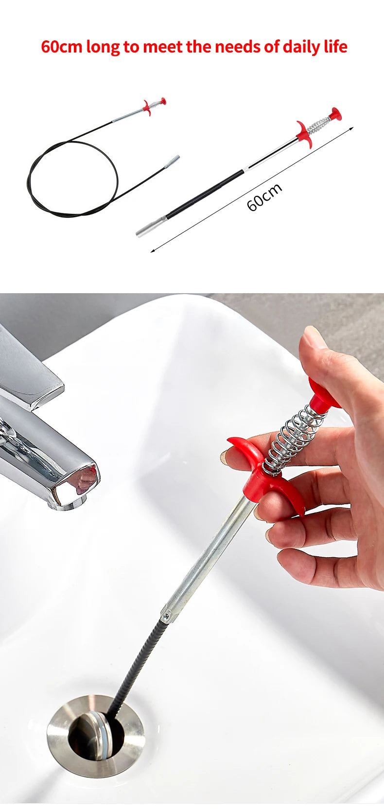 Outils de dragage de tuyaux à ressort de 60cm, serpent de vidange, bâtons de nettoyage de canalisations, dissolvant de bouchons, nettoyage ménager pour outil d'évier de cuisine