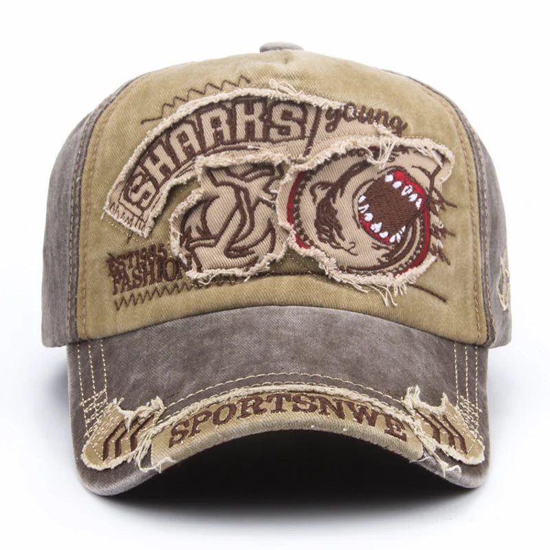 Casquette de baseball en coton avec requin brodé — snapback, hip-hop, unisexe, décontracté