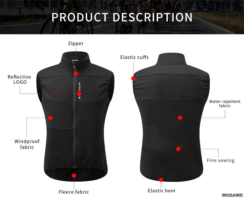 WOSAWE Chaleco térmico polar de invierno para hombre, chaqueta de ciclismo sin mangas, ropa de ciclismo para otoño, chaleco cálido sin bolsillos