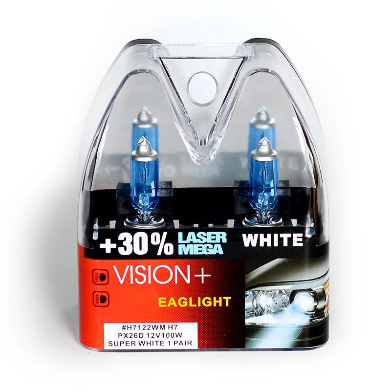 H7 100W 12V Super White Bulbs, Rally Vision +30% Brightness, Car Headlight, Hi/lo Beam, Halogen Lamp, Rally Performance Pair