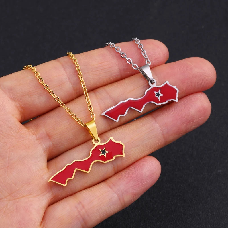 Kingdom of Morocco Map Flag Pendant Necklace Stainless Steel Men Women African Ethnic Jewelry The Kingdom of Morocco National Flag