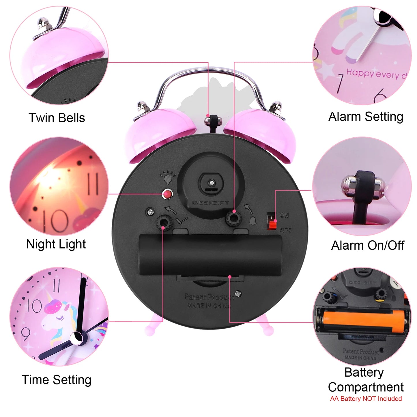 licorne pour Réveil enfant, reveil lumineux,,horloge à Double cloche avec rétro-éclairage,reveil matin, jolie horloge de bureau, décoration de maison, reveil,radio réveil,cadeaux pour enfants