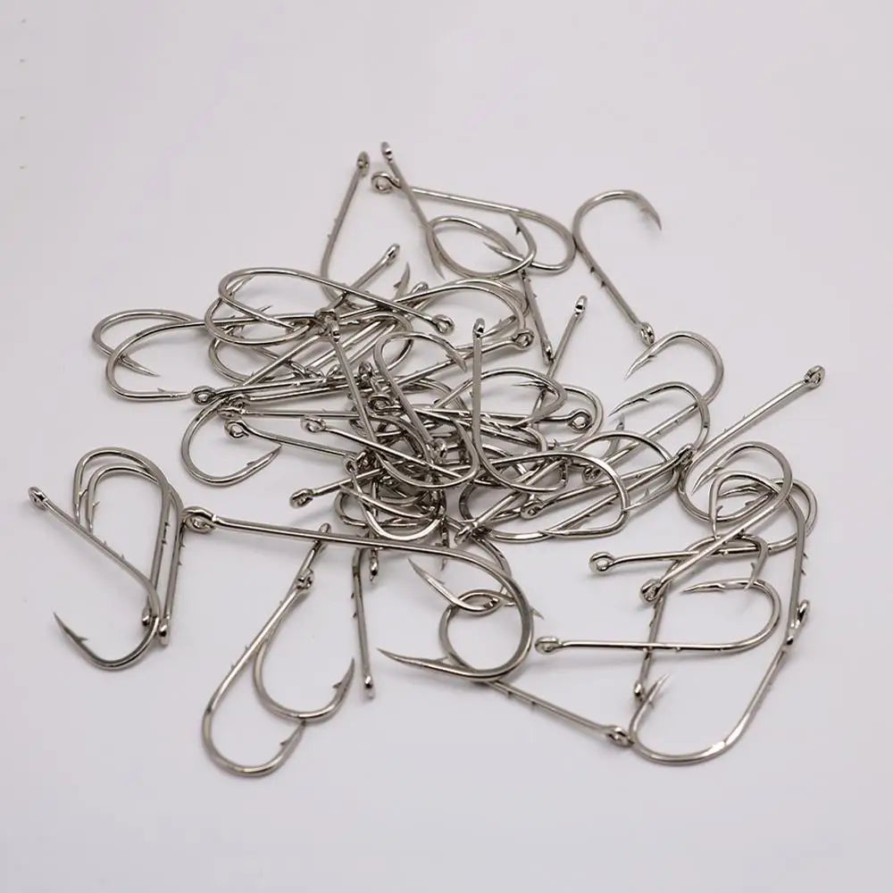 Anzuelos de pesca de acero con alto contenido de carbono, con púas, juego de anzuelos circulares individuales, lombriz marina, carpa, accesorios de pesca con mosca, anzuelo, 50 piezas por caja