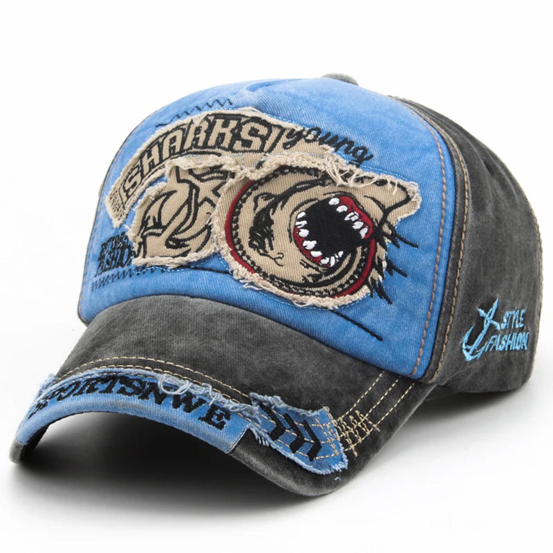 Casquette de baseball en coton avec requin brodé — snapback, hip-hop, unisexe, décontracté