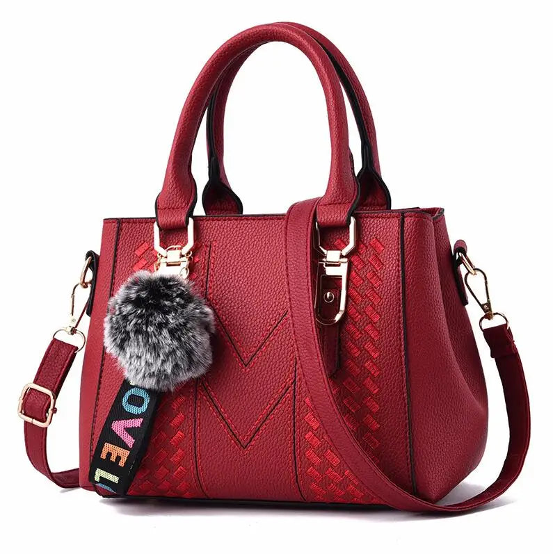 Sac à Main Brodé Femme Cuir — Messenger Boule de Cheveux Mode