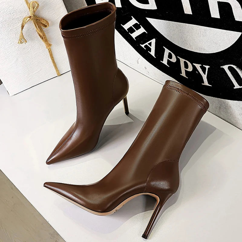 BIGTREE-Botas de piel de tacón alto para mujer, botines cortos, zapatos de tacón, otoño e invierno