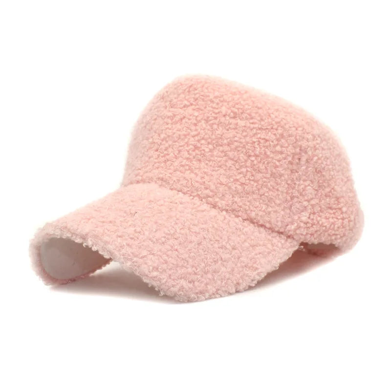 Gorra de béisbol de lana de cordero de felpa para mujer, gorra de béisbol cálida ajustable, moderna, tipo osito de peluche, gorros para mujer, nueva colección de invierno