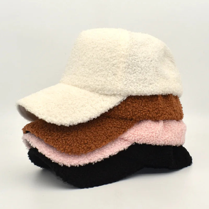 Gorra de béisbol de lana de cordero de felpa para mujer, gorra de béisbol cálida ajustable, moderna, tipo osito de peluche, gorros para mujer, nueva colección de invierno