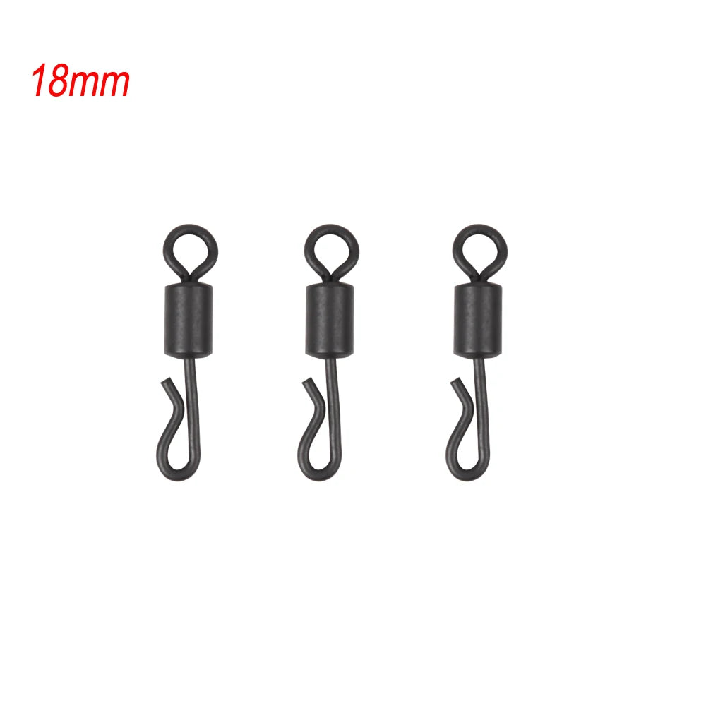 Émerillons roulants pour pêche à la carpe, 30 pièces, noir mat, corps Long, changement rapide, avec anneau, connecteur à pression, accessoires de pêche à la carpe