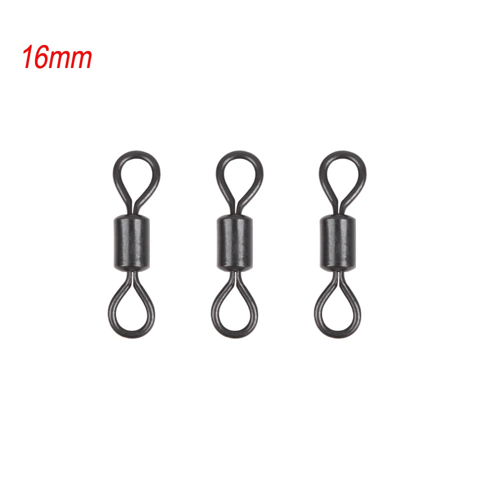 Émerillons roulants pour pêche à la carpe, 30 pièces, noir mat, corps Long, changement rapide, avec anneau, connecteur à pression, accessoires de pêche à la carpe