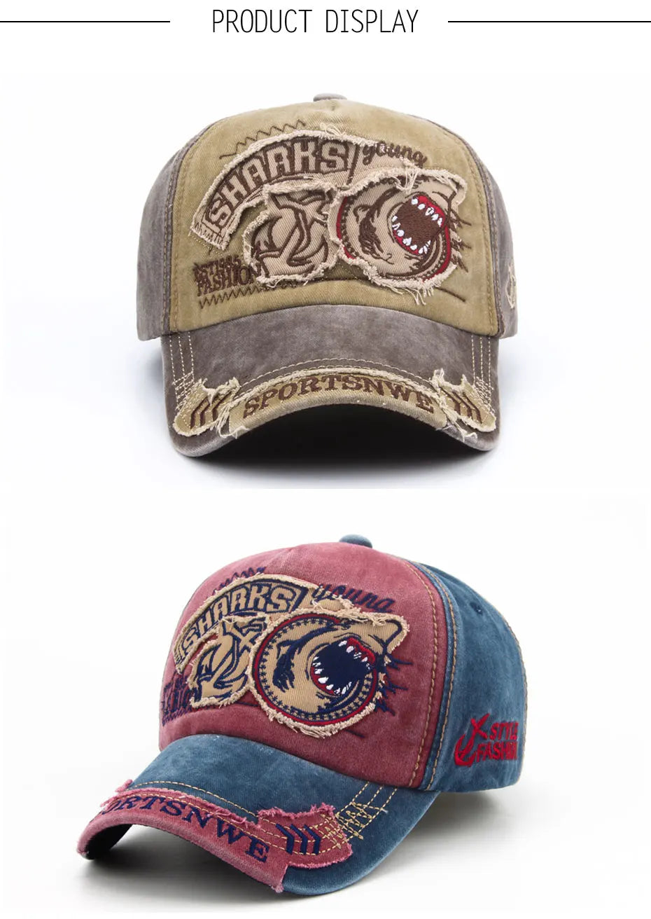 Casquette de baseball en coton avec requin brodé — snapback, hip-hop, unisexe, décontracté