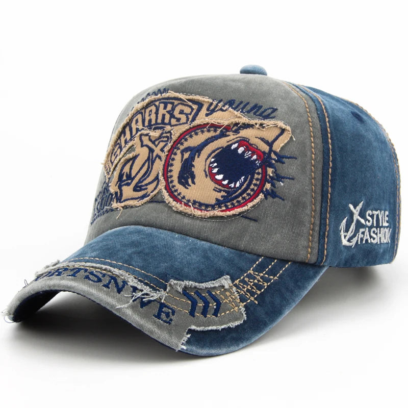 Casquette de baseball en coton avec requin brodé — snapback, hip-hop, unisexe, décontracté