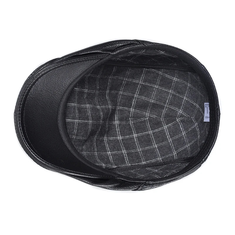 Béret en cuir véritable coupe-vent — bec de canard, homme, casquette peau de vache, noir, protection des oreilles (v2)