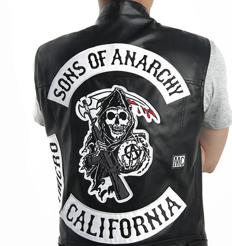 Hombres Moto Primavera Chaquetas SOA Punk Negro Motocicleta Chaleco Hijos de la Anarquía Cuero Moto Chaqueta Chaleco