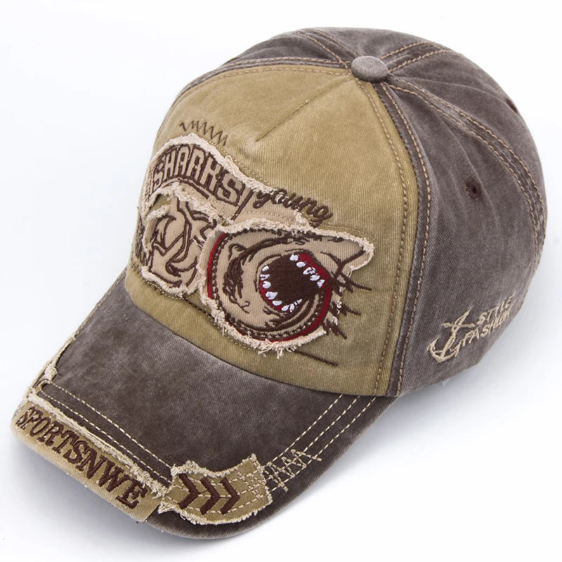 Casquette de baseball en coton avec requin brodé — snapback, hip-hop, unisexe, décontracté