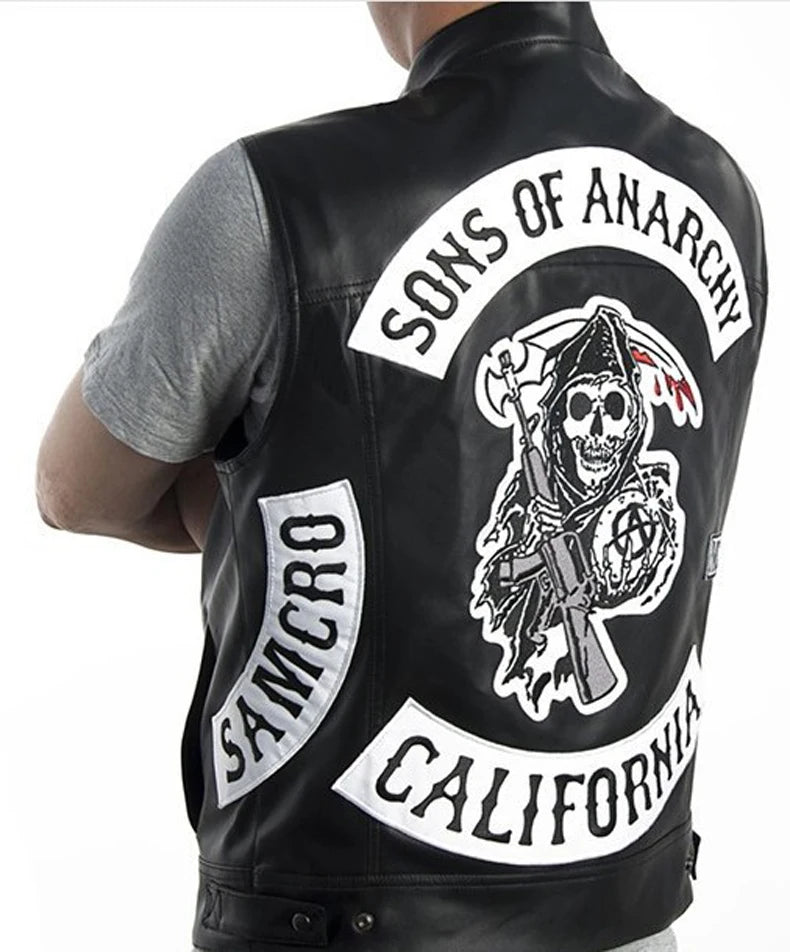 Hombres Moto Primavera Chaquetas SOA Punk Negro Motocicleta Chaleco Hijos de la Anarquía Cuero Moto Chaqueta Chaleco