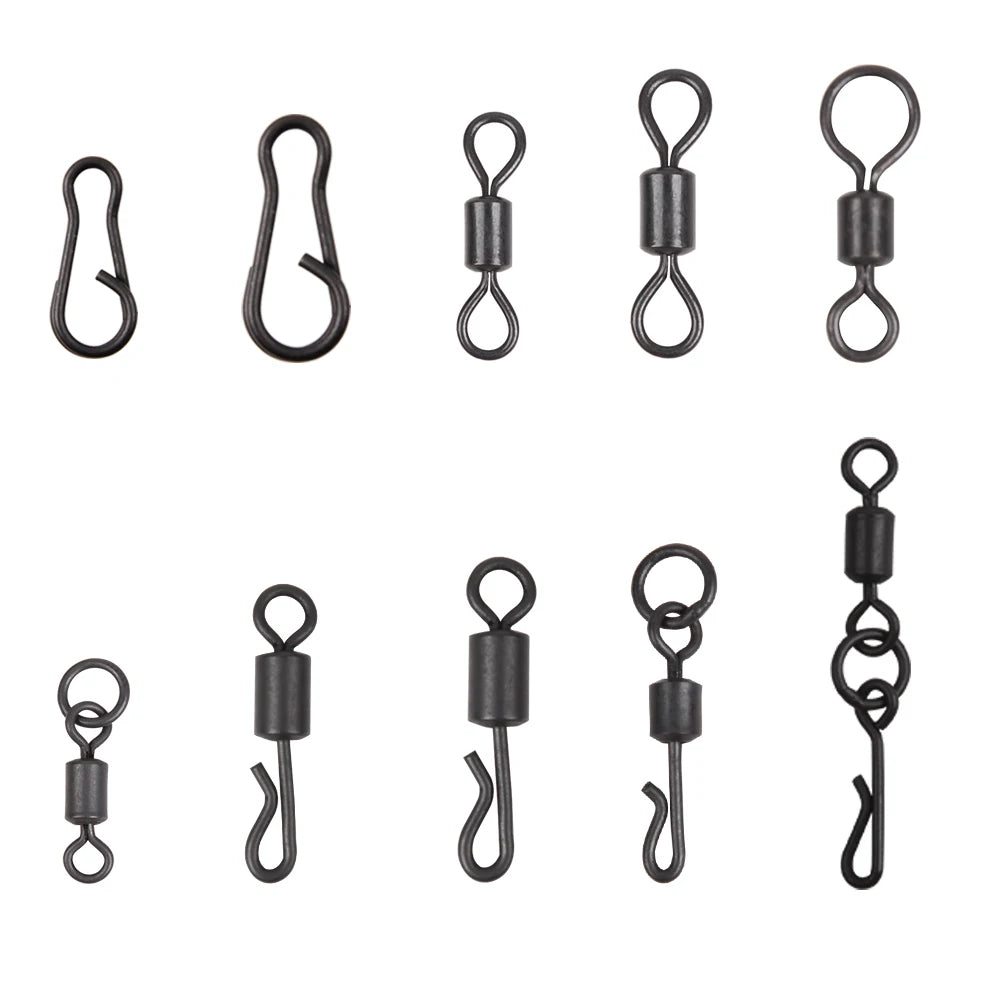 Émerillons roulants pour pêche à la carpe, 30 pièces, noir mat, corps Long, changement rapide, avec anneau, connecteur à pression, accessoires de pêche à la carpe