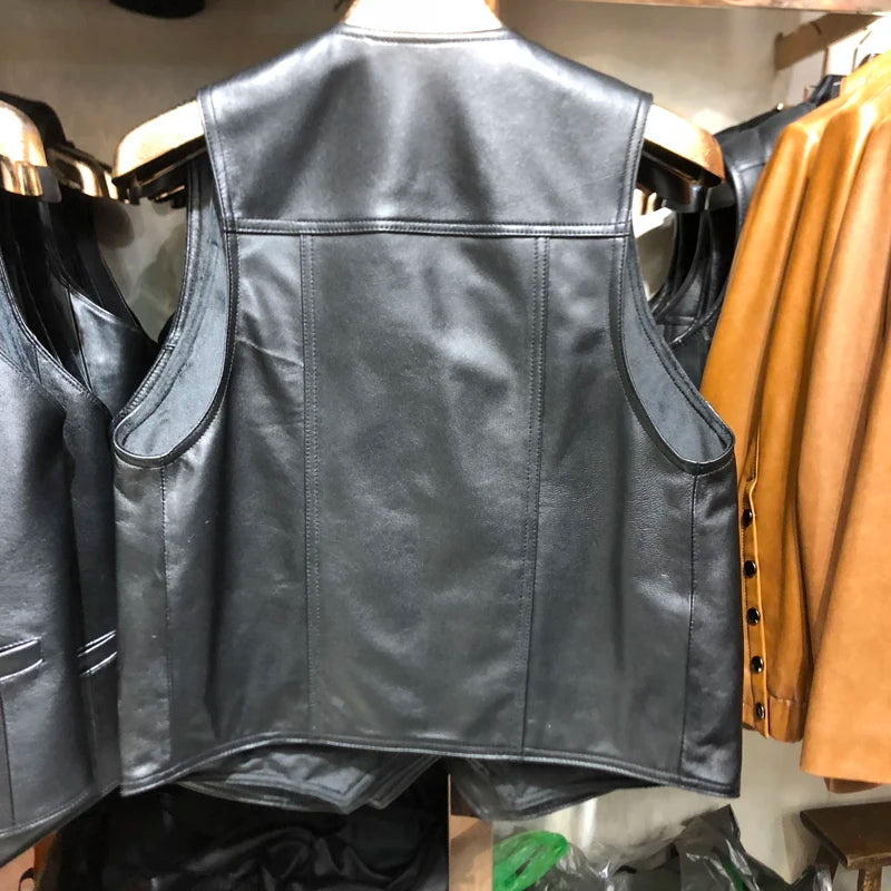 Gilet en cuir glacé pour homme classique — peau de mouton, col en V, cérémonie, nouvelle collection 2024
