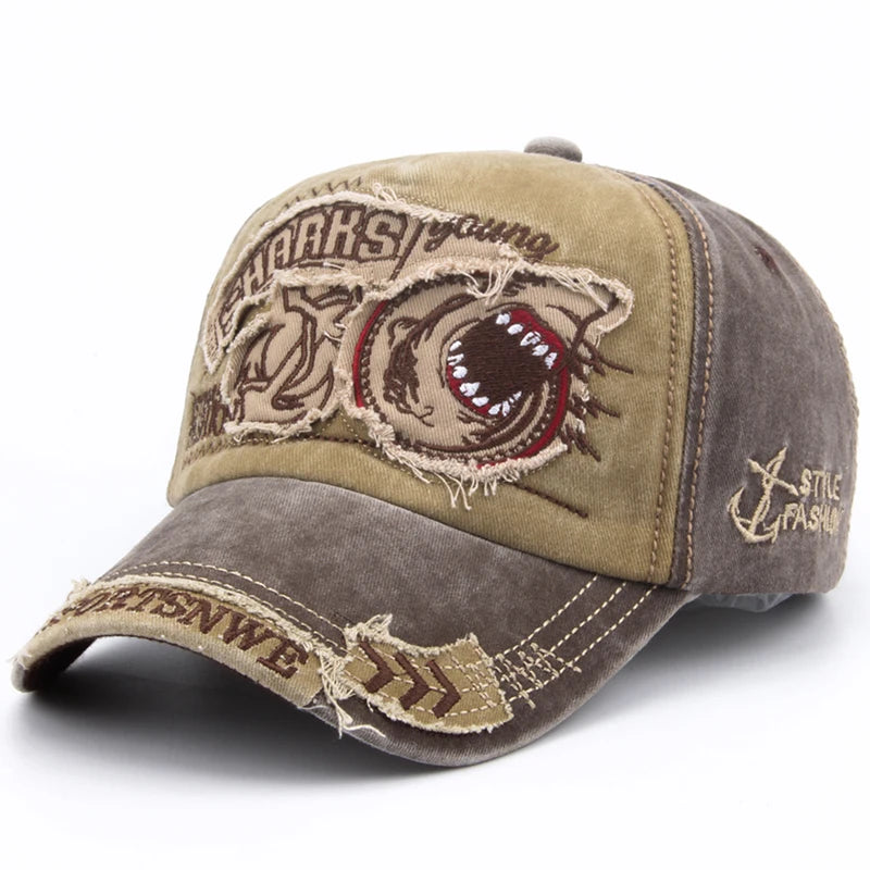 Casquette de baseball en coton avec requin brodé — snapback, hip-hop, unisexe, décontracté