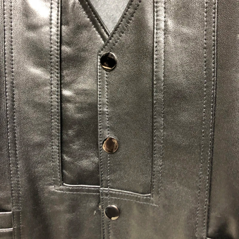Gilet en cuir glacé pour homme classique — peau de mouton, col en V, cérémonie, nouvelle collection 2024