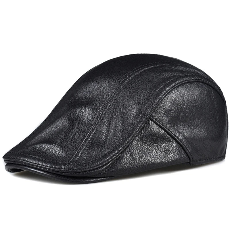 Béret en cuir véritable coupe-vent — bec de canard, homme, casquette peau de vache, noir, protection des oreilles