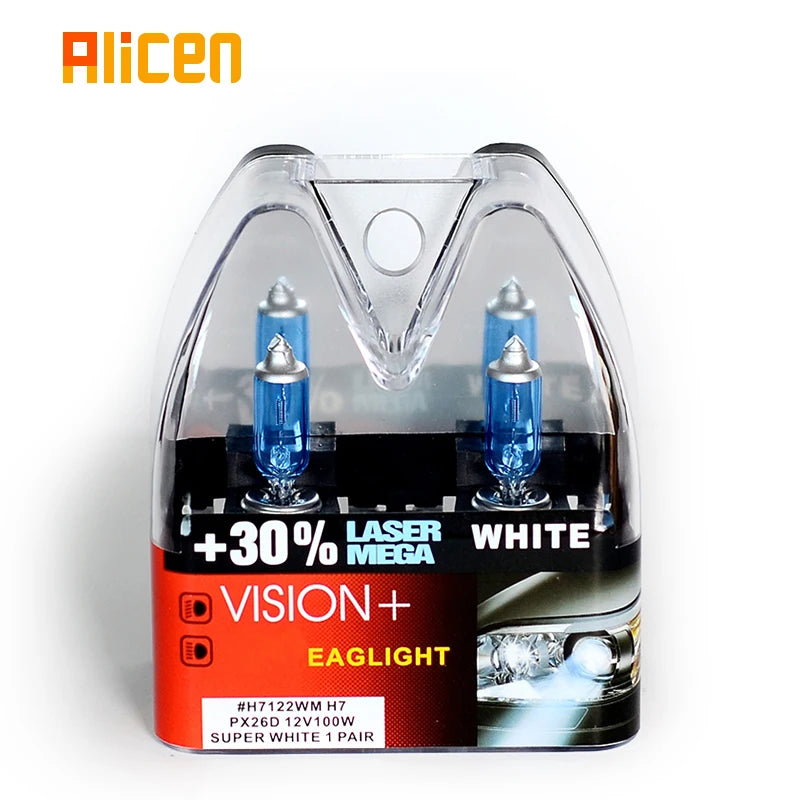 H7 100W 12V Super White Bulbs, Rally Vision +30% Brightness, Car Headlight, Hi/lo Beam, Halogen Lamp, Rally Performance Pair