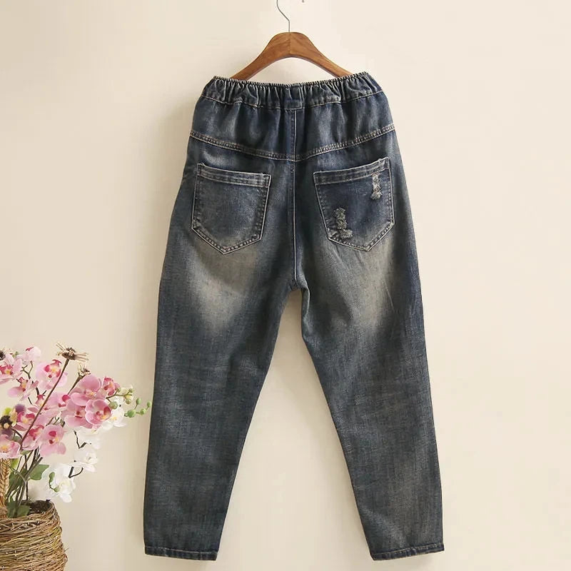 Jean Femme Ethnique Brodé Taille Élastique — Ample Harlan Rétro 2025