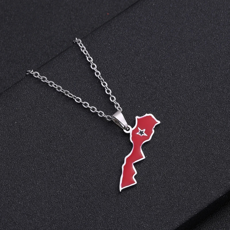 Kingdom of Morocco Map Flag Pendant Necklace Stainless Steel Men Women African Ethnic Jewelry The Kingdom of Morocco National Flag