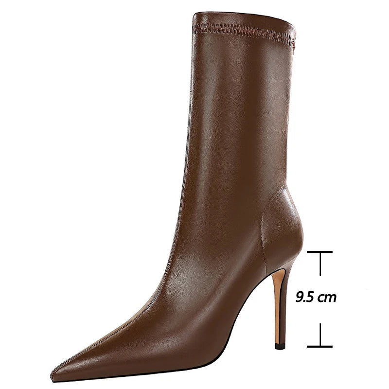 BIGTREE-Botas de piel de tacón alto para mujer, botines cortos, zapatos de tacón, otoño e invierno