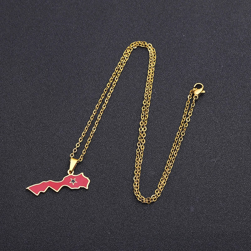 Kingdom of Morocco Map Flag Pendant Necklace Stainless Steel Men Women African Ethnic Jewelry The Kingdom of Morocco National Flag