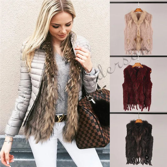 Gilet à glands en véritable fourrure de lapin tricoté — vintage, garniture fourrure raton laveur