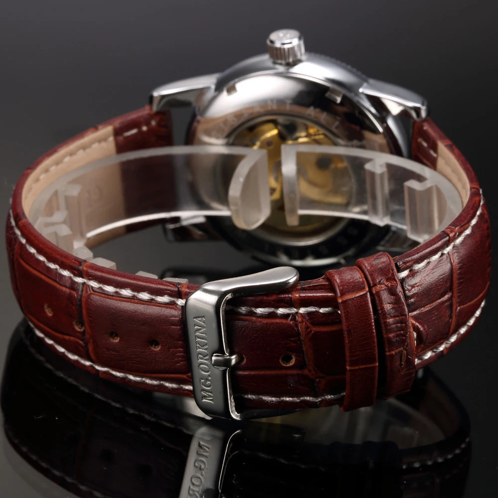 Relojes de lujo para hombre, chapado en oro, esqueleto mecánico, Steampunk, reloj de pulsera automático para hombre, correa de cuero, relojes para caballeros