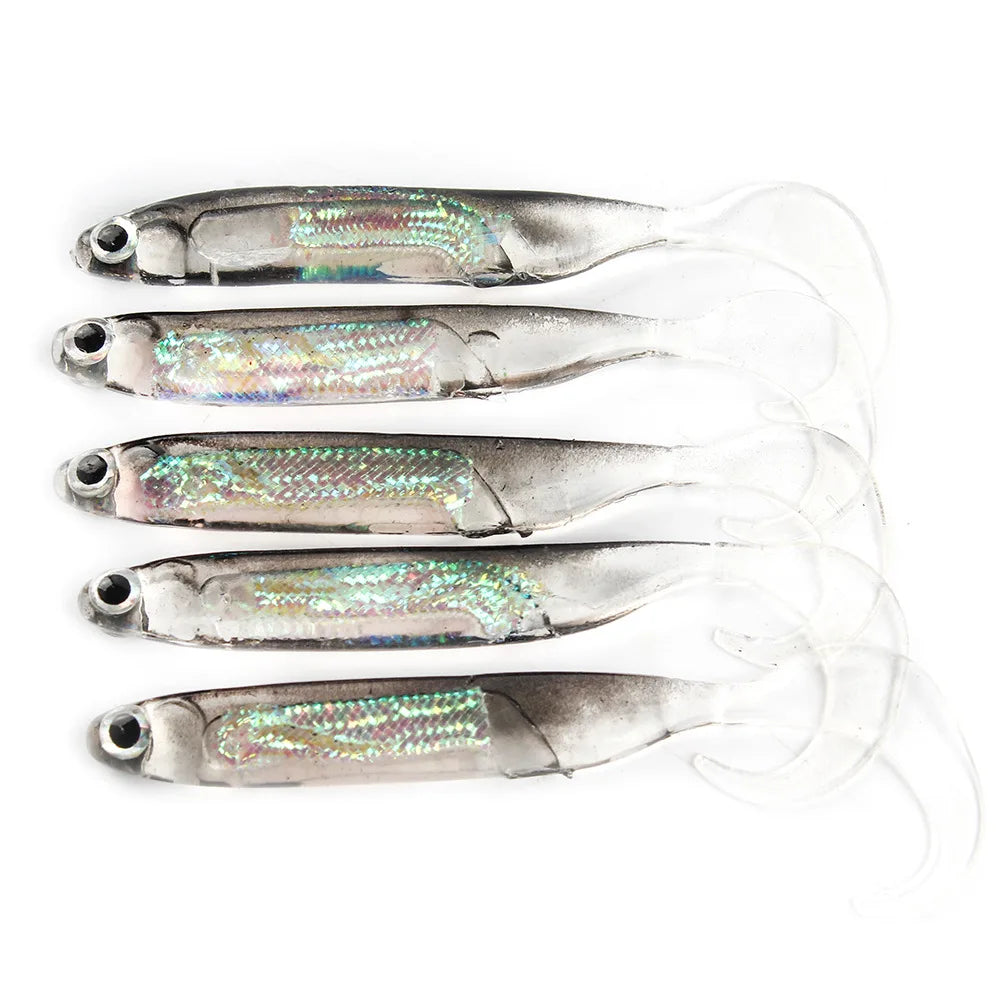 5pcs/lot Soft Fishing Lure 7CM 7.5CM 1.7G 2.3G 2.7G T Tail Fish Rainbow Color Glitter Swing Fishing Spinner Bait