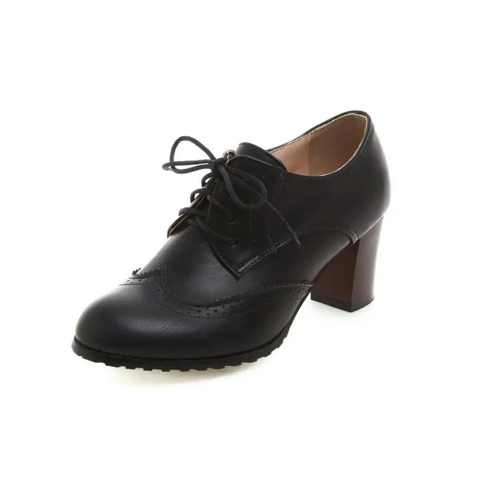 2025 otoño mujer zapatos Oxford con cordones Vintage punta redonda botines de mujer estilo inglés tacones altos señora zapato mujer 42 43