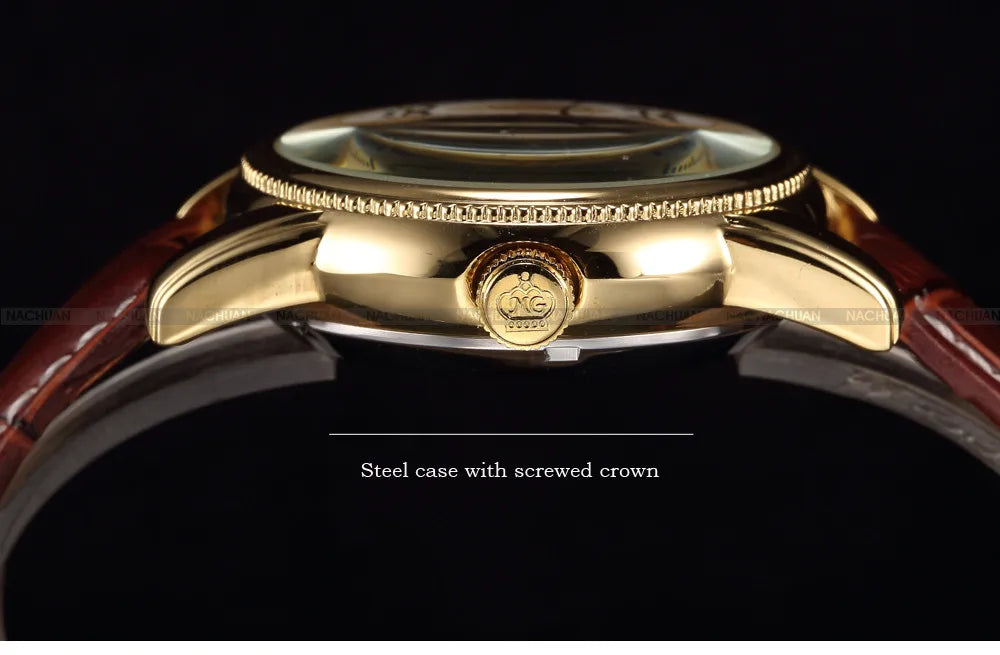 Relojes de lujo para hombre, chapado en oro, esqueleto mecánico, Steampunk, reloj de pulsera automático para hombre, correa de cuero, relojes para caballeros