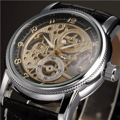 Relojes de lujo para hombre, chapado en oro, esqueleto mecánico, Steampunk, reloj de pulsera automático para hombre, correa de cuero, relojes para caballeros