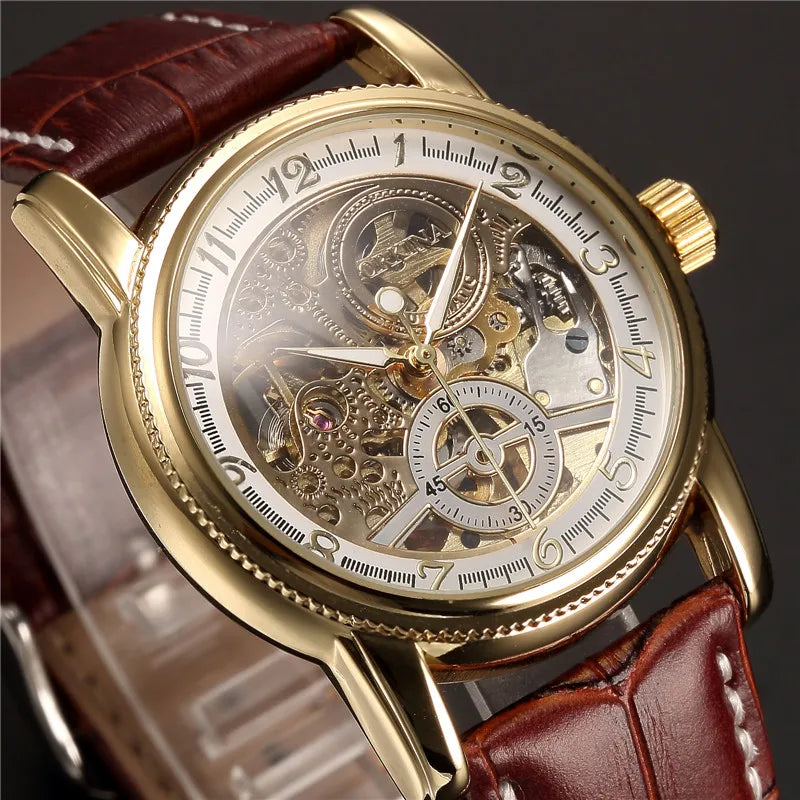 Relojes de lujo para hombre, chapado en oro, esqueleto mecánico, Steampunk, reloj de pulsera automático para hombre, correa de cuero, relojes para caballeros