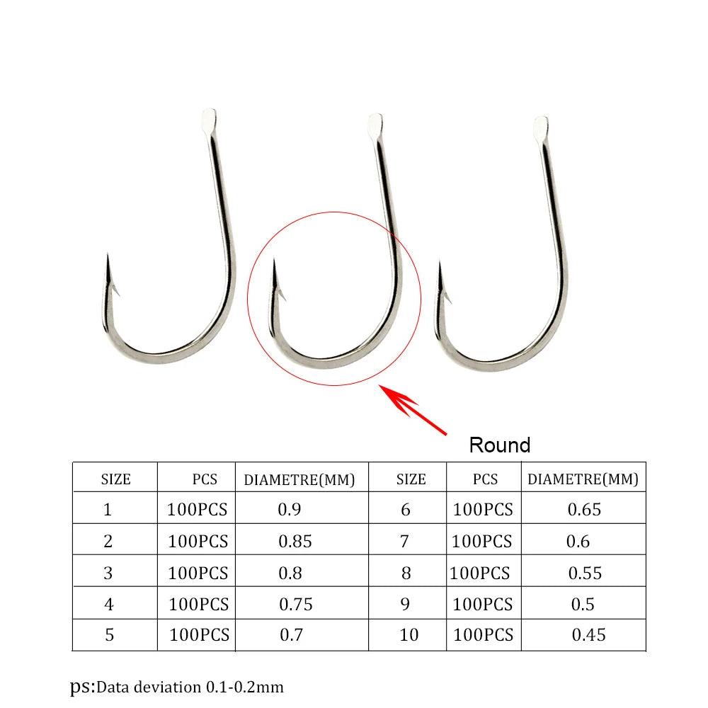 Hameçons de pêche en Bronze et acier à haute teneur en carbone 421N, 100 pièces/lot # -10 #   Tête ronde plate de gabarit d'accessoires de pêche de carpe avec la pêche barbelée