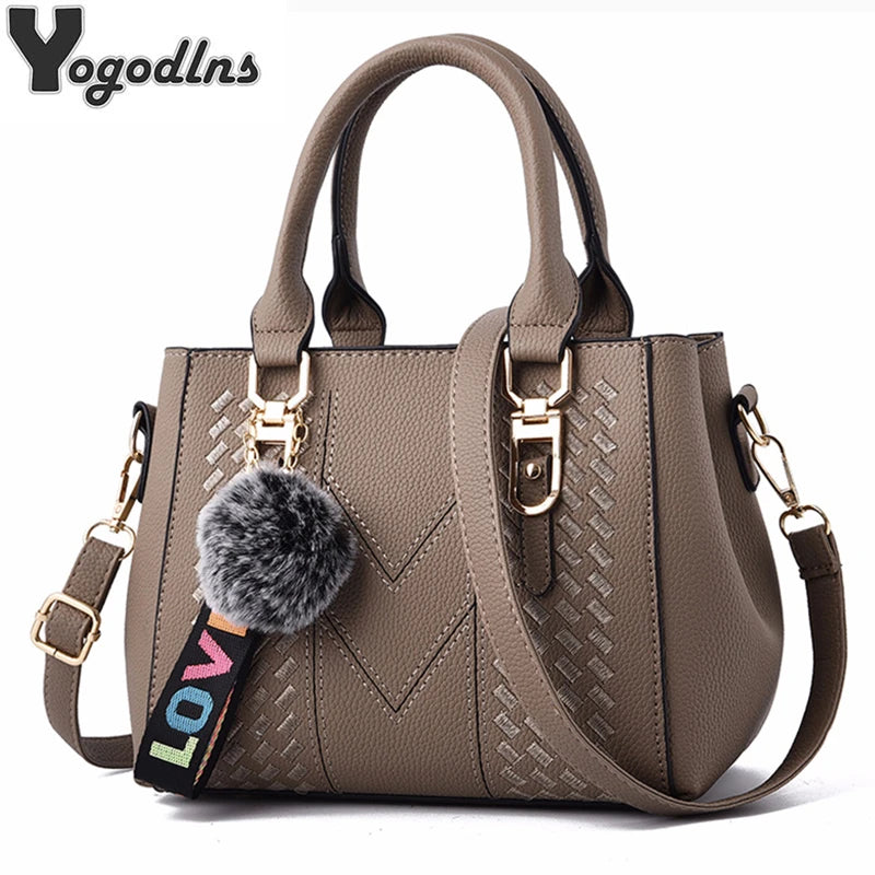 Sac à Main Brodé Femme Cuir — Messenger Boule de Cheveux Mode