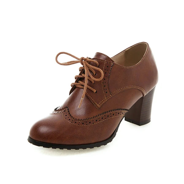 2025 otoño mujer zapatos Oxford con cordones Vintage punta redonda botines de mujer estilo inglés tacones altos señora zapato mujer 42 43