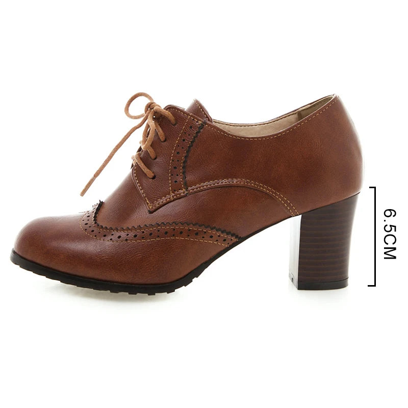 2025 otoño mujer zapatos Oxford con cordones Vintage punta redonda botines de mujer estilo inglés tacones altos señora zapato mujer 42 43